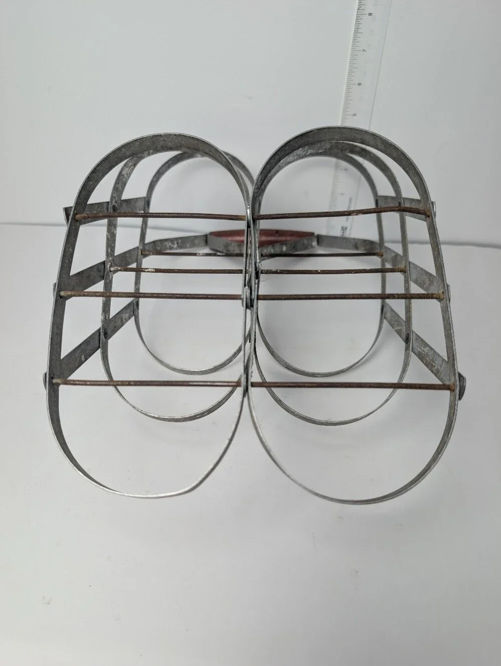 Vintage Authentic French Metal Bottle Carrier Galvanized Metal w Wooden‎ Handle